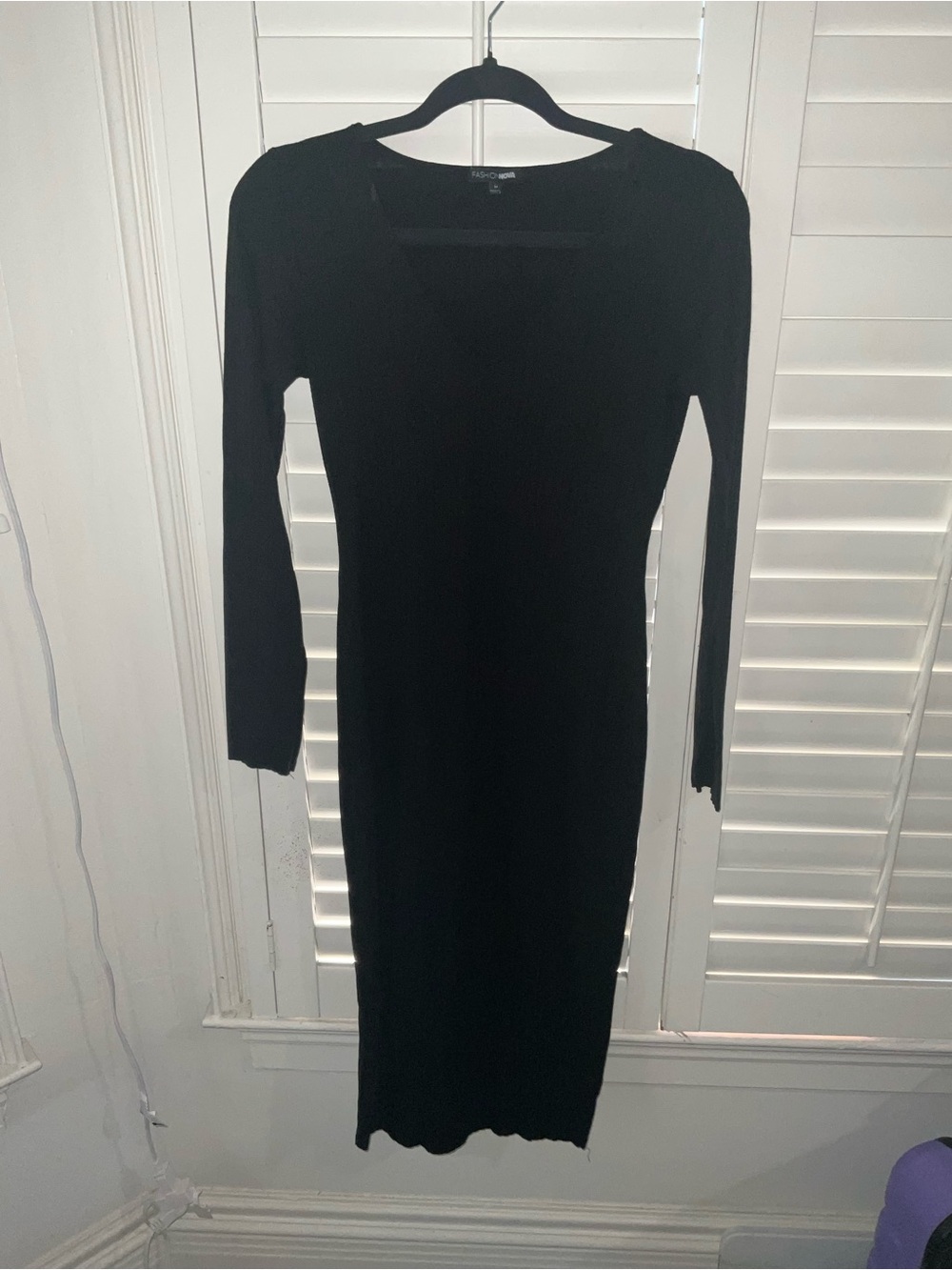 Fashion Nova Black Long Sleeve Ribbed Bodycon Midi Dress